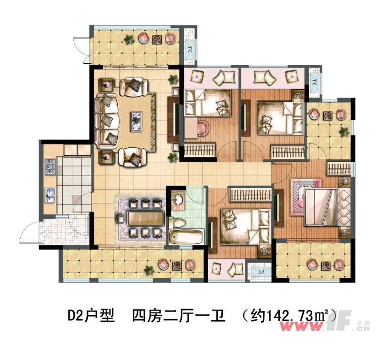 该户型为142.73平米四室两厅一卫设计.